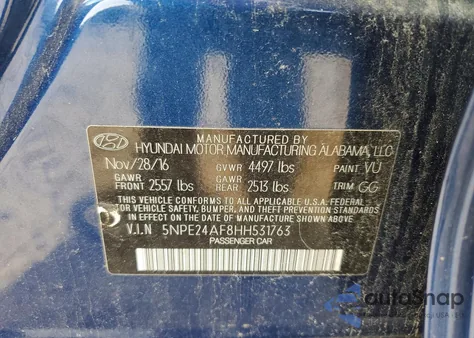 2017 Hyundai Sonata Base from USA, damaged, VIN 5NPE24AF8HH531763